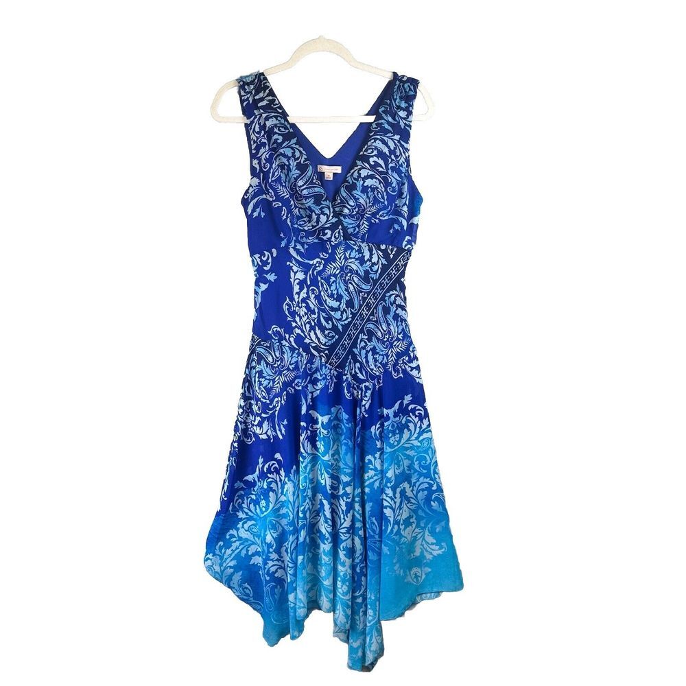Womens Size 10 Paisley Midi Sleeveless Dress Blue‎ Assymetrical Hem Resortwear - Picture 2 of 16